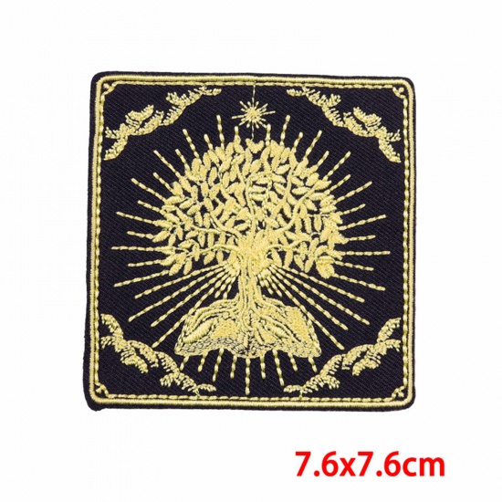 Picture of 1 Piece Polyester Tarot Iron On Patches Appliques (With Glue Back) DIY Sewing Craft Clothing Decoration Black Square Tree of Life 7.6cm x 7.6cm