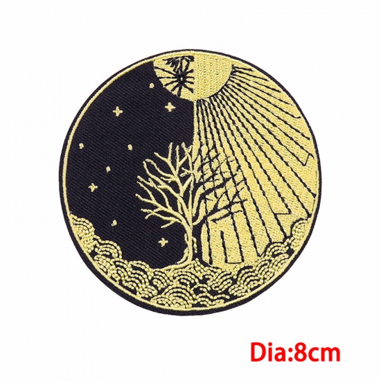 Picture of 1 Piece Polyester Tarot Iron On Patches Appliques (With Glue Back) DIY Sewing Craft Clothing Decoration Black Round Sun 8cm Dia.