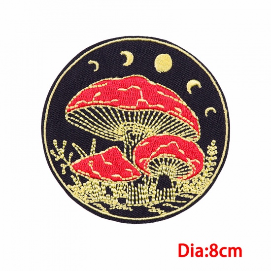 Picture of 1 Piece Polyester Tarot Iron On Patches Appliques (With Glue Back) DIY Sewing Craft Clothing Decoration Black Round Mushroom 8cm Dia.