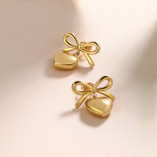 Immagine di 1 Paio Ecologico Elegante San Valentino 18K Vero Oro Placcato 304 Acciaio Inossidabile Cuore Orecchino Per Donne Regalo 23mm x 19mm