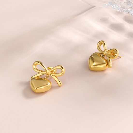 Immagine di 1 Paio Ecologico Elegante San Valentino 18K Vero Oro Placcato 304 Acciaio Inossidabile Cuore Orecchino Per Donne Regalo 23mm x 19mm