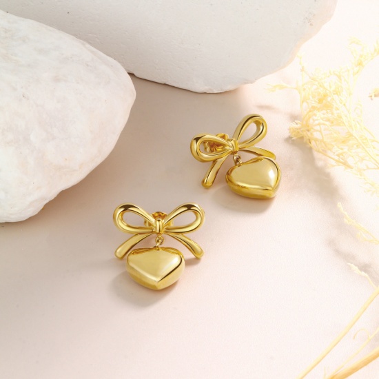Immagine di 1 Paio Ecologico Elegante San Valentino 18K Vero Oro Placcato 304 Acciaio Inossidabile Cuore Orecchino Per Donne Regalo 23mm x 19mm