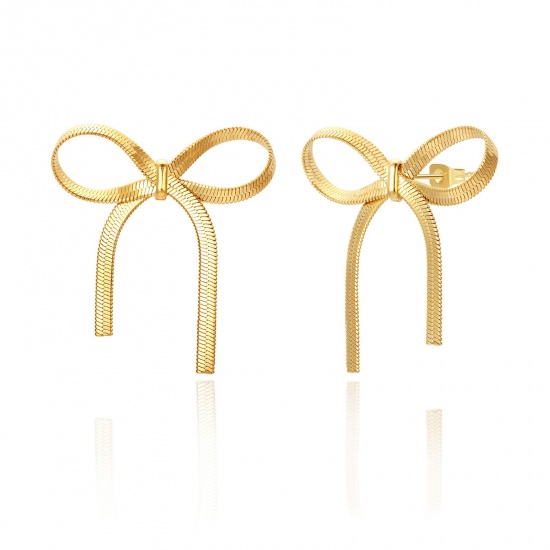 Image de 1 Paire Boucles d'Oreilles Puces Exquis en 304 Acier Inoxydable Respectueux de la Nature À la Mode Nœuds Papillon Plaqué Or Véritable 18K Cadeau Pour Femmes 4.2cm x 3.5cm