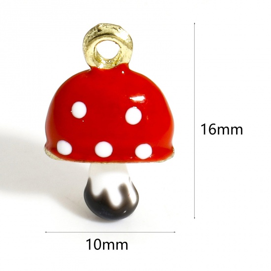 Bild von 2 Stück Zinklegierung 3D Charms Vergoldet Rot Pilz Emaille, 16mm x 10mm