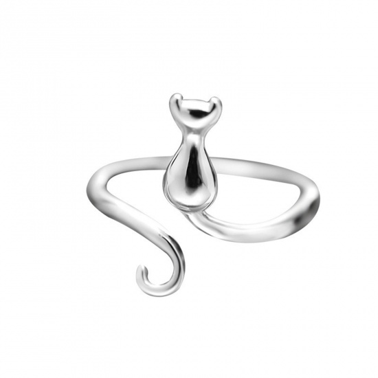 Picture of 1 Piece Zinc Based Alloy Adjustable Knitting Crochet Loop Yarn Guide Finger Ring Cat Animal Silver Tone