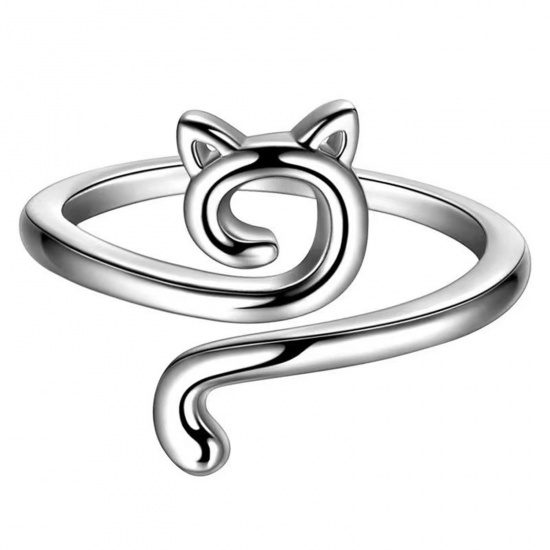 Picture of 1 Piece Zinc Based Alloy Adjustable Knitting Crochet Loop Yarn Guide Finger Ring Cat Animal Silver Tone