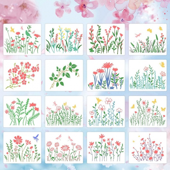 Изображение 1 Set ( 16 PCs/Set)  Plastic DIY Painting Templates Stencils White Flower Grass 15.2cm x 12.7cm