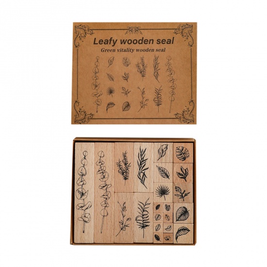 Picture of 1 Set ( 22 PCs/Box) Natural Wood Seal Stamper Rectangle Brown Leaf Pattern 13cm x 11cm