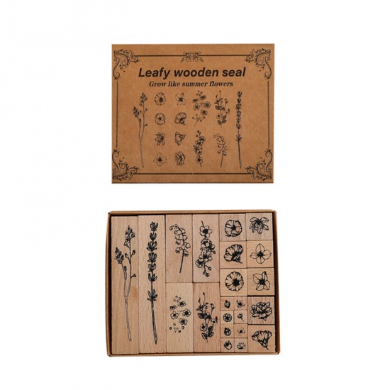 Picture of 1 Set ( 22 PCs/Box) Natural Wood Seal Stamper Rectangle Brown Flower Pattern 13cm x 11cm