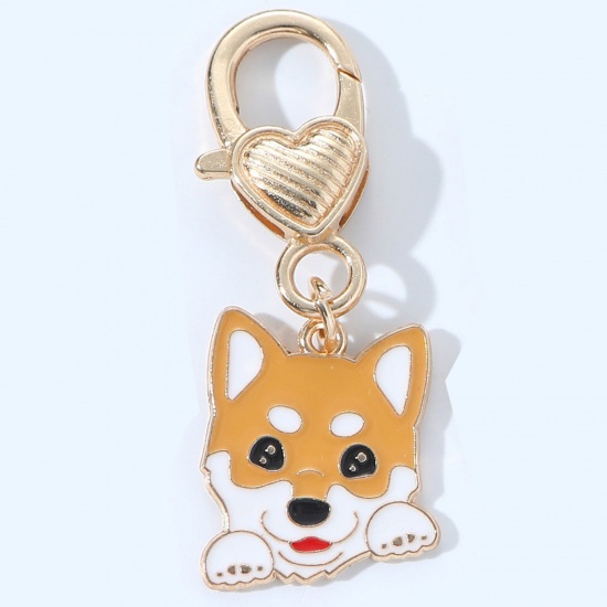 Immagine di 1 Pz Carino Anello Portachiavi Oro Placcato Arancione Corgi Cane Cuore Smalto 5cm