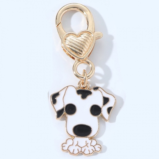 Immagine di 1 Pz Carino Anello Portachiavi Oro Placcato Nero & Bianco Cane Dalmata Cuore Smalto 5cm