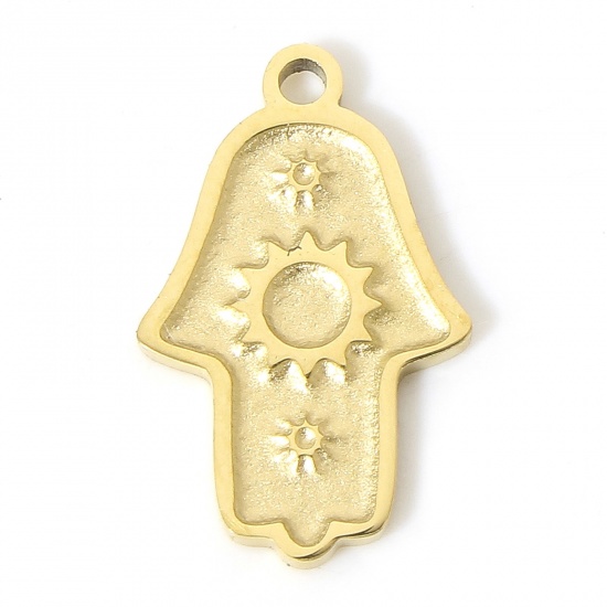 Picture of 1 Piece Vacuum Plating 304 Stainless Steel Religious Charms Gold Plated Hamsa Symbol Hand Sun 15mm x 9.5mm