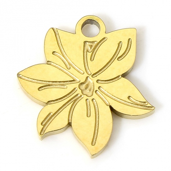 Picture of 1 Piece Vacuum Plating 304 Stainless Steel Pastoral Style Charms Gold Plated Flower Carved Pattern 10.5mm x 10mm