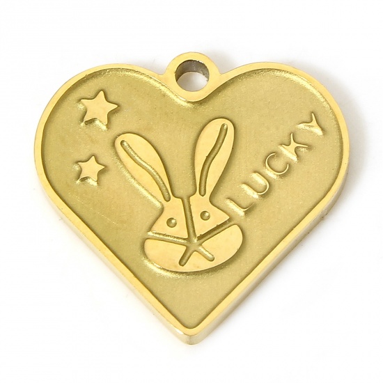 Picture of 1 Piece Vacuum Plating 304 Stainless Steel Cute Charms Gold Plated Heart Rabbit Message " Lucky " 15mm x 14mm