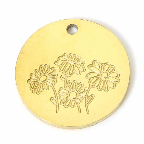 Immagine di 1 Pz Ecologico 304 Acciaio Inossidabile Elegante Charms Tondo Oro Placcato Fiore 15mm x 15mm