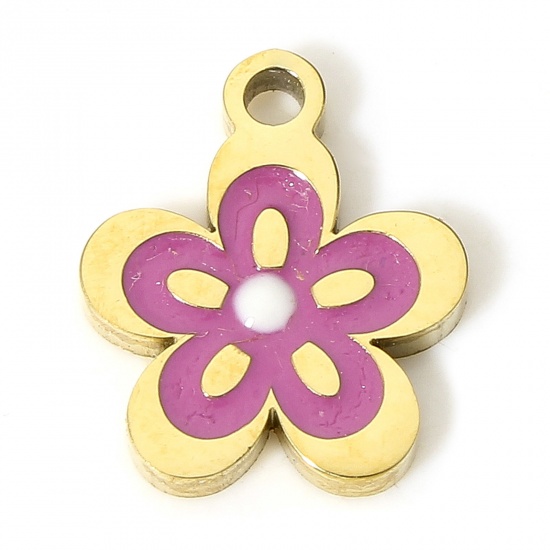 Picture of 1 Piece Eco-friendly 304 Stainless Steel Stylish Charms Gold Plated Purple Flower Enamel 11mm x 9mm