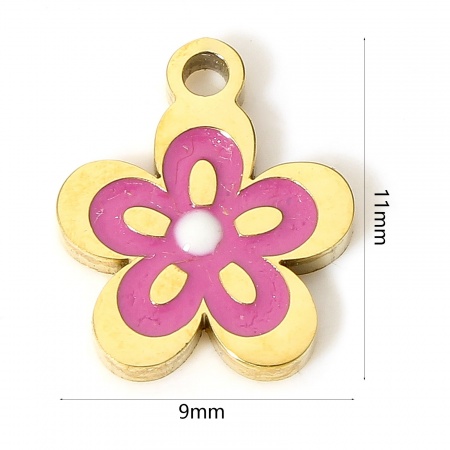Picture of 1 Piece Eco-friendly PVD Vacuum Plating 304 Stainless Steel Stylish Charms 18K Real Gold Plated Purple Flower Enamel 11mm x 9mm