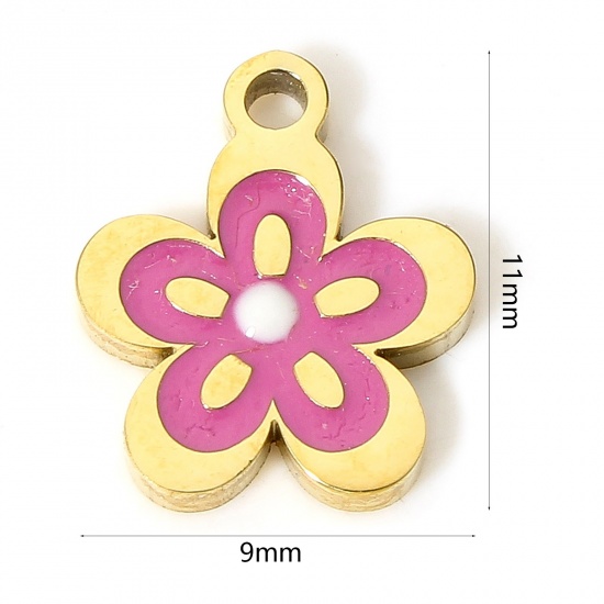 Picture of 1 Piece Eco-friendly PVD Vacuum Plating 304 Stainless Steel Stylish Charms 18K Real Gold Plated Purple Flower Enamel 11mm x 9mm