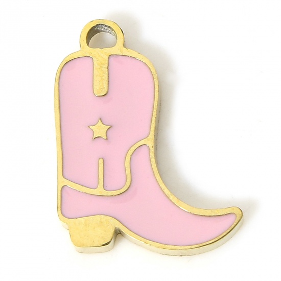 Picture of 1 Piece Eco-friendly 304 Stainless Steel Stylish Charms Gold Plated Pink Boots Enamel 12mm x 9.5mm