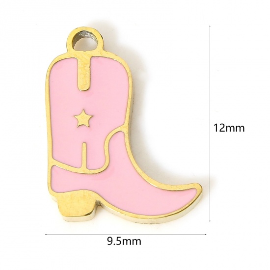 Picture of 1 Piece Eco-friendly PVD Vacuum Plating 304 Stainless Steel Stylish Charms 18K Real Gold Plated Pink Boots Enamel 12mm x 9.5mm