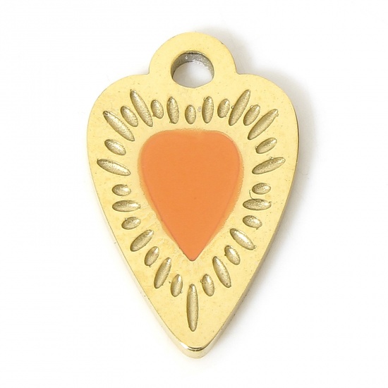 Picture of 1 Piece Eco-friendly 304 Stainless Steel Stylish Charms Gold Plated Orange Heart Sunshine Enamel 14mm x 9mm