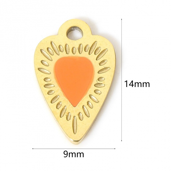 Picture of 1 Piece Eco-friendly PVD Vacuum Plating 304 Stainless Steel Stylish Charms 18K Real Gold Plated Orange Heart Sunshine Enamel 14mm x 9mm