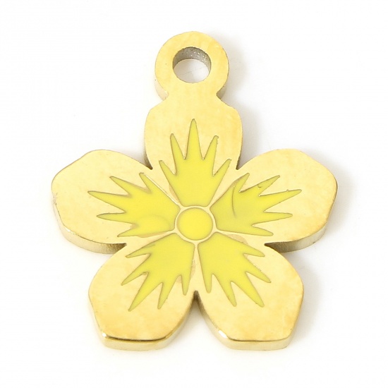 Bild von 1 Stück Umweltfreundlich 304 Edelstahl Stilvoll Charms Blumen Vergoldet Gelb Emaille 14mm x 12mm