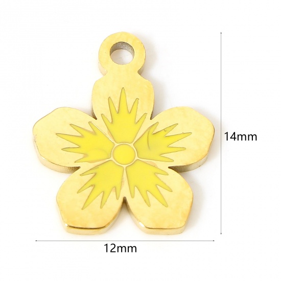 Picture of 1 Piece Eco-friendly PVD Vacuum Plating 304 Stainless Steel Stylish Charms 18K Real Gold Plated Yellow Flower Enamel 14mm x 12mm