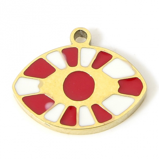 Picture of 1 Piece Eco-friendly 304 Stainless Steel Stylish Charms Gold Plated White & Red Marquise Eye Enamel 12mm x 9.5mm