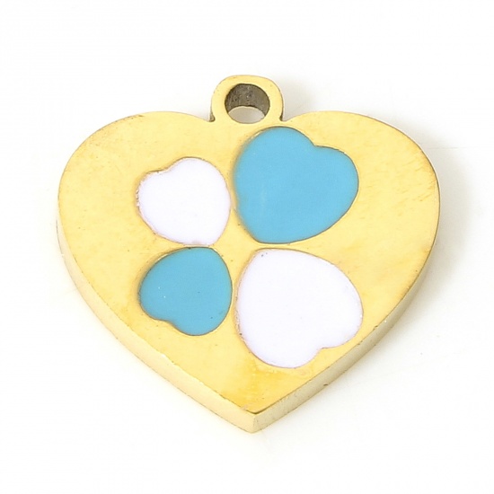 Picture of 1 Piece Eco-friendly 304 Stainless Steel Stylish Charms Gold Plated White & Blue Heart Enamel 10mm x 10mm