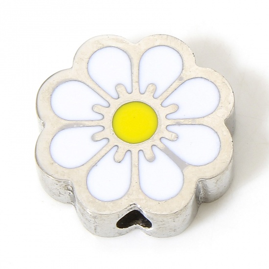 Picture of 1 Piece Eco-friendly 304 Stainless Steel Pastoral Style Beads For DIY Charm Jewelry Making Flower Silver Tone White Enamel 11mm x 11mm