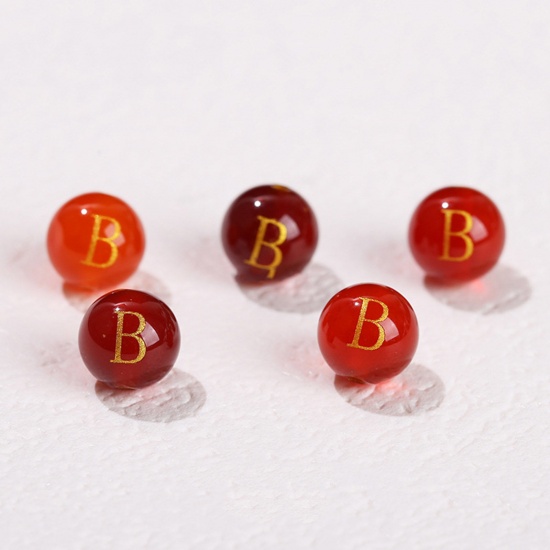 Picture of 10 PCs Agate ( Heated/Dyed ) Loose Beads For DIY Jewelry Making Red Round Initial Alphabet/ Capital Letter Message " B " Engraving About 8mm Dia., Hole: Approx 1.4mm