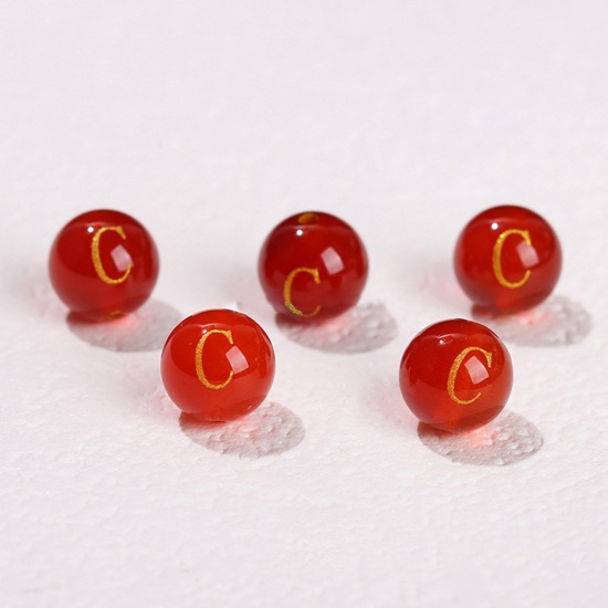 Picture of 10 PCs Agate ( Heated/Dyed ) Loose Beads For DIY Jewelry Making Red Round Initial Alphabet/ Capital Letter Message " C " Engraving About 8mm Dia., Hole: Approx 1.4mm