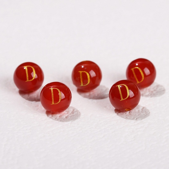 Picture of 10 PCs Agate ( Heated/Dyed ) Loose Beads For DIY Jewelry Making Red Round Initial Alphabet/ Capital Letter Message " D " Engraving About 8mm Dia., Hole: Approx 1.4mm
