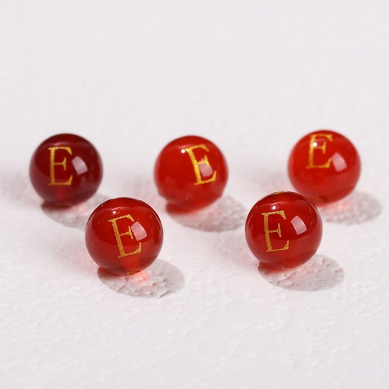 Picture of 10 PCs Agate ( Heated/Dyed ) Loose Beads For DIY Jewelry Making Red Round Initial Alphabet/ Capital Letter Message " E " Engraving About 8mm Dia., Hole: Approx 1.4mm