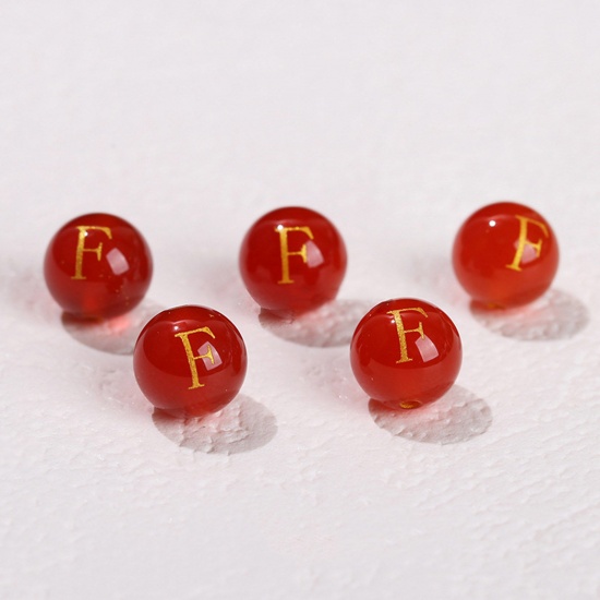 Picture of 10 PCs Agate ( Heated/Dyed ) Loose Beads For DIY Jewelry Making Red Round Initial Alphabet/ Capital Letter Message " F " Engraving About 8mm Dia., Hole: Approx 1.4mm