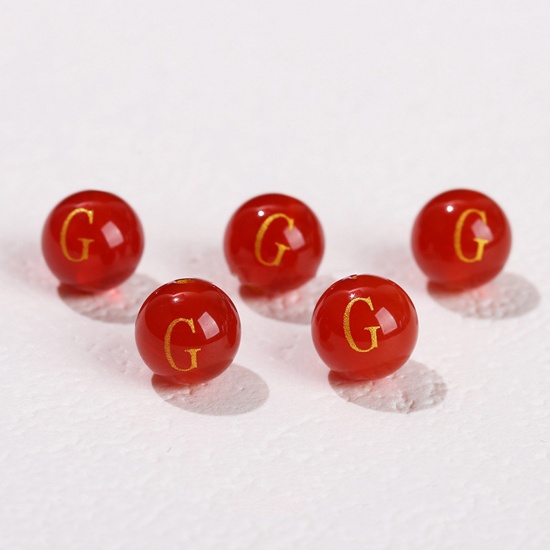 Picture of 10 PCs Agate ( Heated/Dyed ) Loose Beads For DIY Jewelry Making Red Round Initial Alphabet/ Capital Letter Message " G " Engraving About 8mm Dia., Hole: Approx 1.4mm