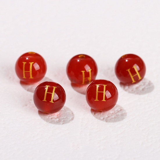 Picture of 10 PCs Agate ( Heated/Dyed ) Loose Beads For DIY Jewelry Making Red Round Initial Alphabet/ Capital Letter Message " H " Engraving About 8mm Dia., Hole: Approx 1.4mm