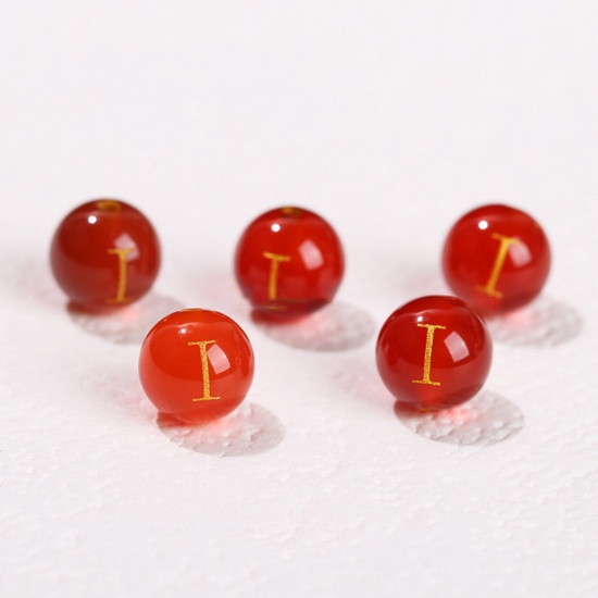 Picture of 10 PCs Agate ( Heated/Dyed ) Loose Beads For DIY Jewelry Making Red Round Initial Alphabet/ Capital Letter Message " I " Engraving About 8mm Dia., Hole: Approx 1.4mm