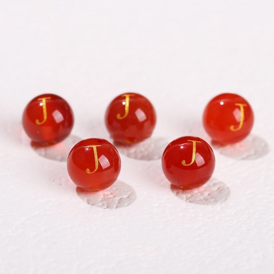 Picture of 10 PCs Agate ( Heated/Dyed ) Loose Beads For DIY Jewelry Making Red Round Initial Alphabet/ Capital Letter Message " J " Engraving About 8mm Dia., Hole: Approx 1.4mm