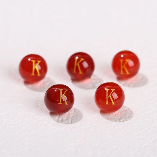 Picture of 10 PCs Agate ( Heated/Dyed ) Loose Beads For DIY Jewelry Making Red Round Initial Alphabet/ Capital Letter Message " K " Engraving About 8mm Dia., Hole: Approx 1.4mm