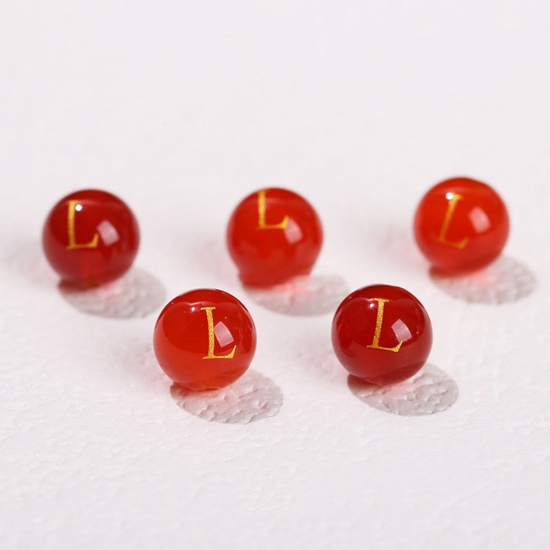 Picture of 10 PCs Agate ( Heated/Dyed ) Loose Beads For DIY Jewelry Making Red Round Initial Alphabet/ Capital Letter Message " L " Engraving About 8mm Dia., Hole: Approx 1.4mm