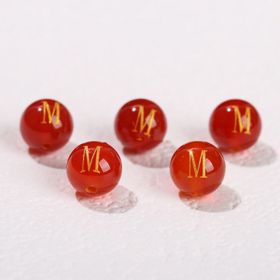 Picture of 10 PCs Agate ( Heated/Dyed ) Loose Beads For DIY Jewelry Making Red Round Initial Alphabet/ Capital Letter Message " M " Engraving About 8mm Dia., Hole: Approx 1.4mm