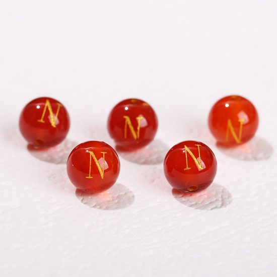 Picture of 10 PCs Agate ( Heated/Dyed ) Loose Beads For DIY Jewelry Making Red Round Initial Alphabet/ Capital Letter Message " N " Engraving About 8mm Dia., Hole: Approx 1.4mm