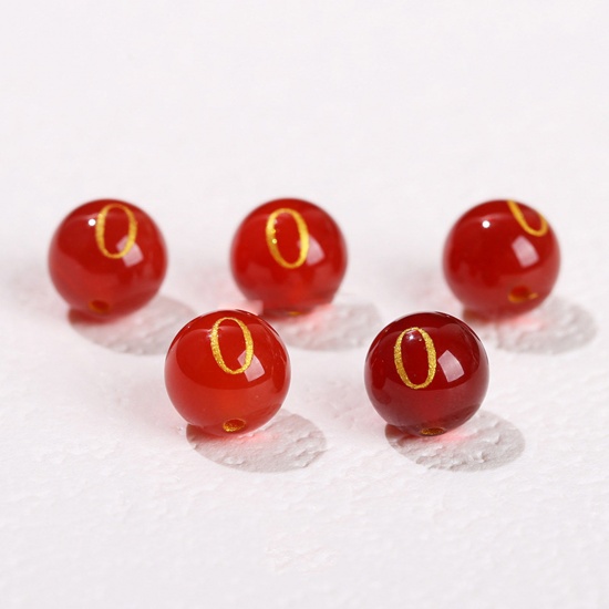 Picture of 10 PCs Agate ( Heated/Dyed ) Loose Beads For DIY Jewelry Making Red Round Initial Alphabet/ Capital Letter Message " O " Engraving About 8mm Dia., Hole: Approx 1.4mm