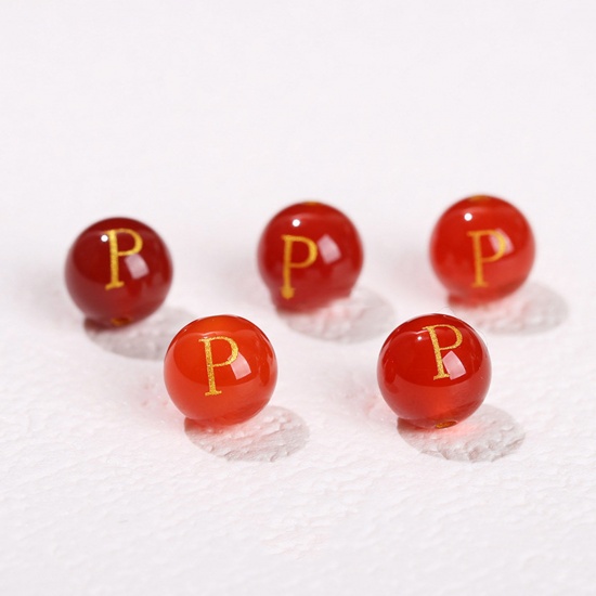 Picture of 10 PCs Agate ( Heated/Dyed ) Loose Beads For DIY Jewelry Making Red Round Initial Alphabet/ Capital Letter Message " P " Engraving About 8mm Dia., Hole: Approx 1.4mm