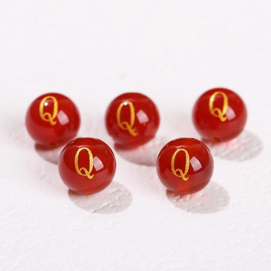 Picture of 10 PCs Agate ( Heated/Dyed ) Loose Beads For DIY Jewelry Making Red Round Initial Alphabet/ Capital Letter Message " Q " Engraving About 8mm Dia., Hole: Approx 1.4mm