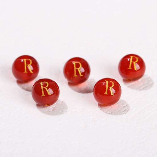 Picture of 10 PCs Agate ( Heated/Dyed ) Loose Beads For DIY Jewelry Making Red Round Initial Alphabet/ Capital Letter Message " R " Engraving About 8mm Dia., Hole: Approx 1.4mm