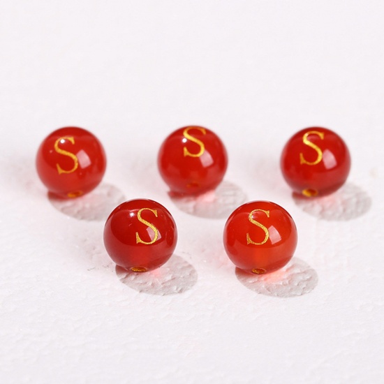 Picture of 10 PCs Agate ( Heated/Dyed ) Loose Beads For DIY Jewelry Making Red Round Initial Alphabet/ Capital Letter Message " S " Engraving About 8mm Dia., Hole: Approx 1.4mm