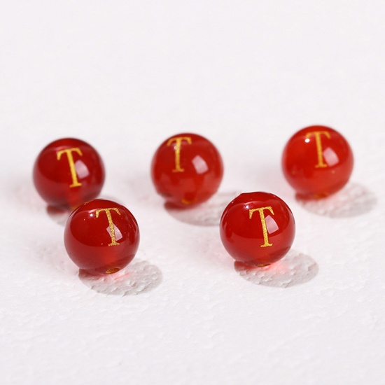 Picture of 10 PCs Agate ( Heated/Dyed ) Loose Beads For DIY Jewelry Making Red Round Initial Alphabet/ Capital Letter Message " T " Engraving About 8mm Dia., Hole: Approx 1.4mm